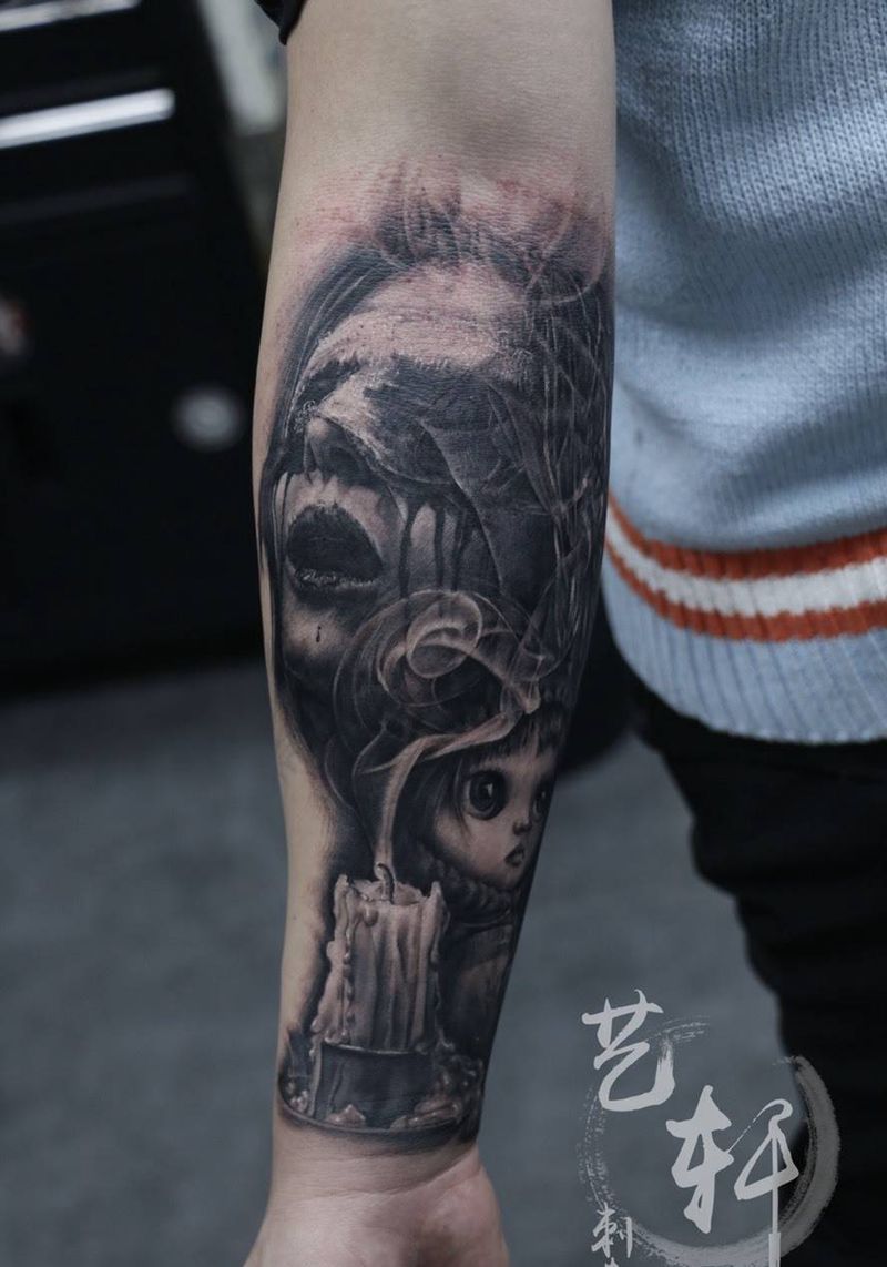 欧美写实，暗黑系列花臂纹身图片_成品欧美写实手臂人物鬼神宗教纹身图案