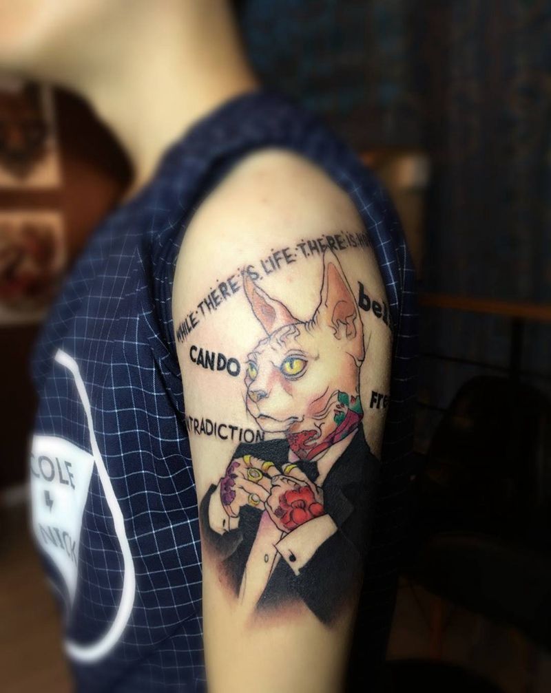 猫先生纹身图片_成品手臂清新动物鬼神人物纹身图案
