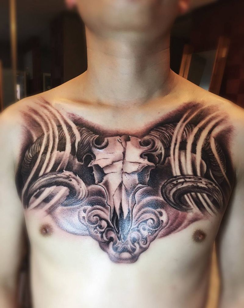 羊骷髅纹身图片_成品胸部肖像欧美鬼神动物静物纹身图案