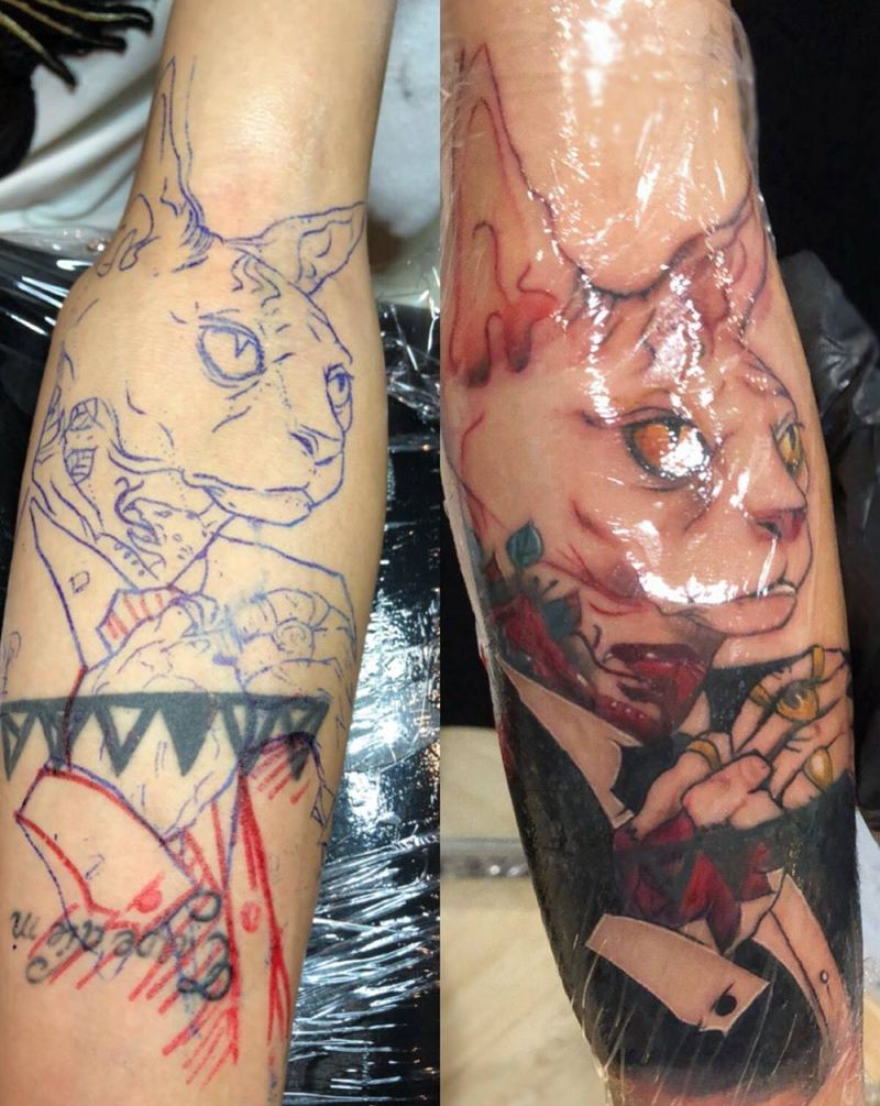 遮盖school纹身图片_手臂New SchoolOld School猫遮盖纹身图案