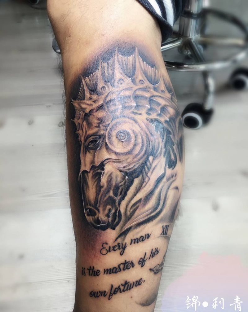 机械马纹身图片_成品腿部欧美动物鬼神纹身图案