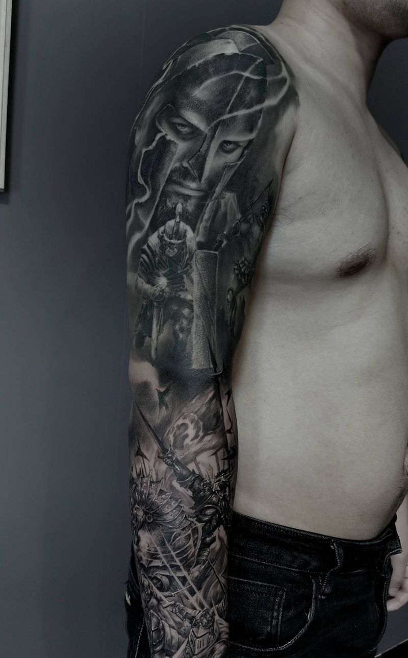 斯巴达战场纹身图片_手臂欧美写实纹身图案