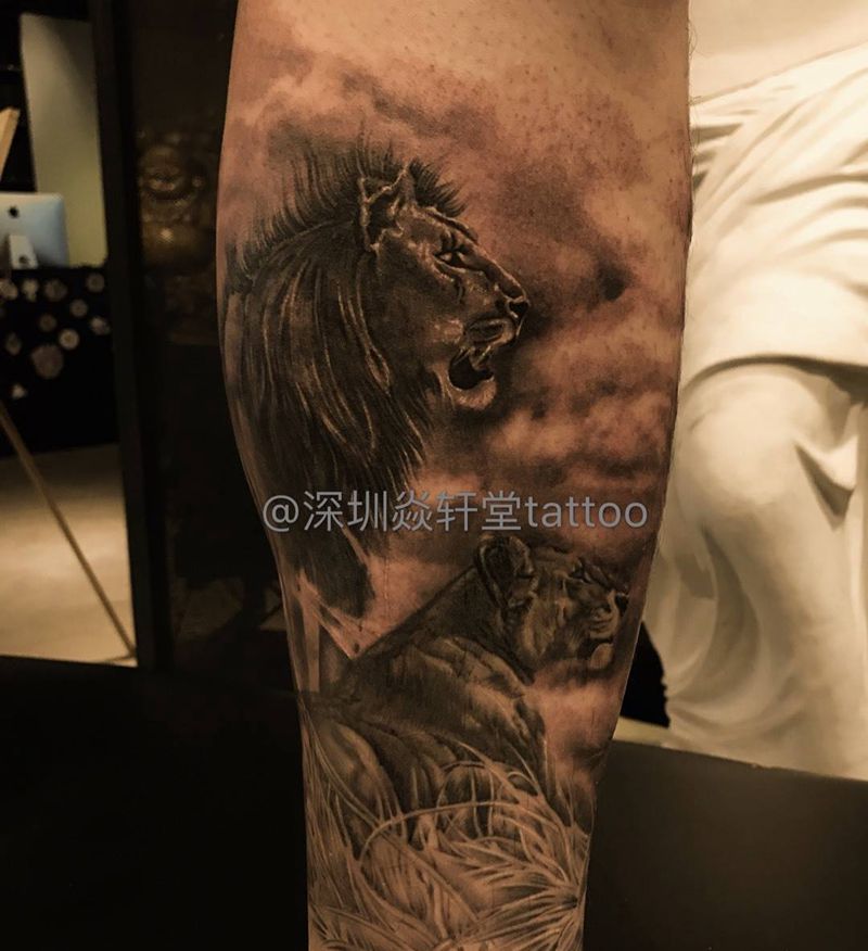 守护～纹身图片_写实欧美原创动物腿部成品纹身图案