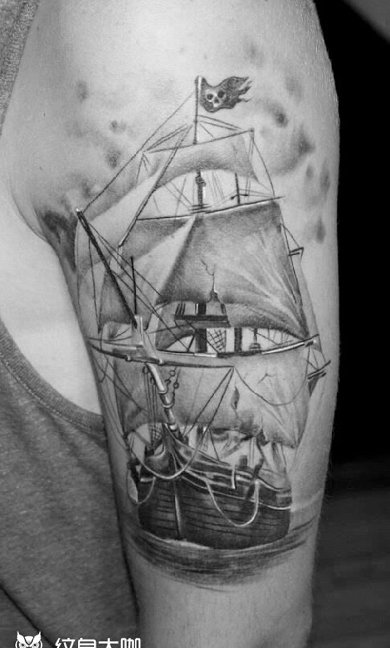 帆船纹身图片_成品欧美写实手臂纹身图案
