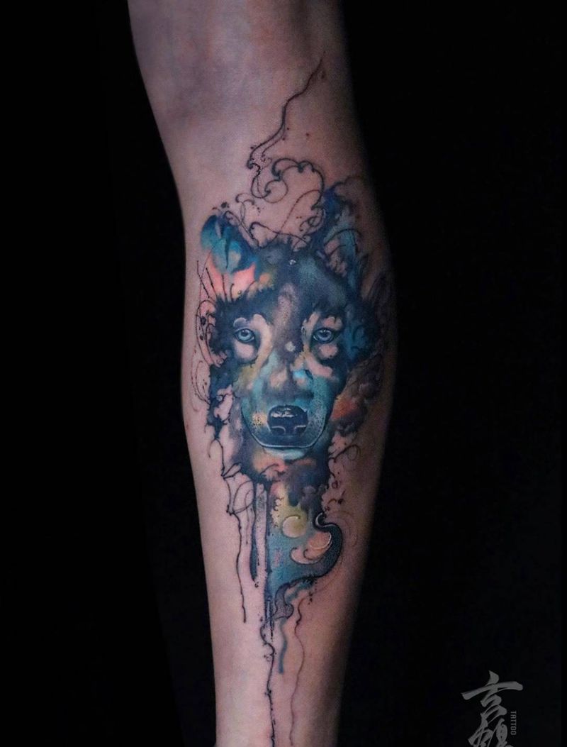 水彩泼墨随性发挥纹身图片_成品腿部肖像动物原创深圳玄鹤刺青纹身图案
