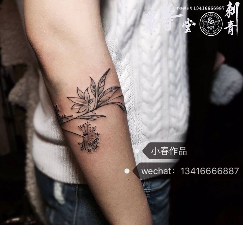 女孩个性手环纹身图片_成品手臂手部清新国画植物原创黑色手环纹身图案