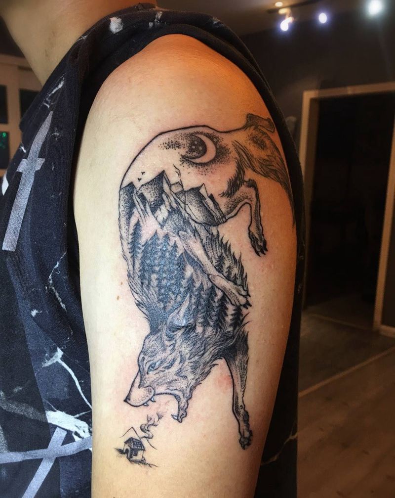 狼来了纹身图片_成品手臂欧美肖像清新动物图腾几何纹身图案