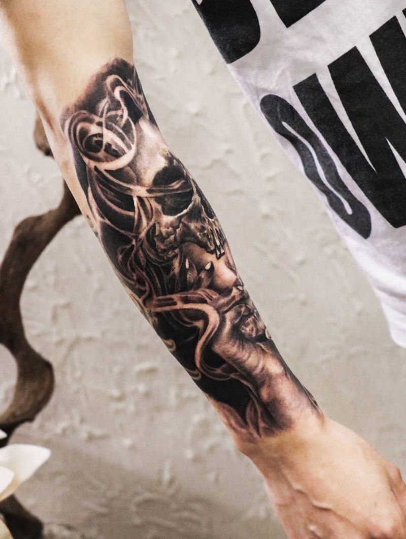 骷髅纹身图片_成品手臂欧美写实人物原创玄鹤刺青深圳纹身图案