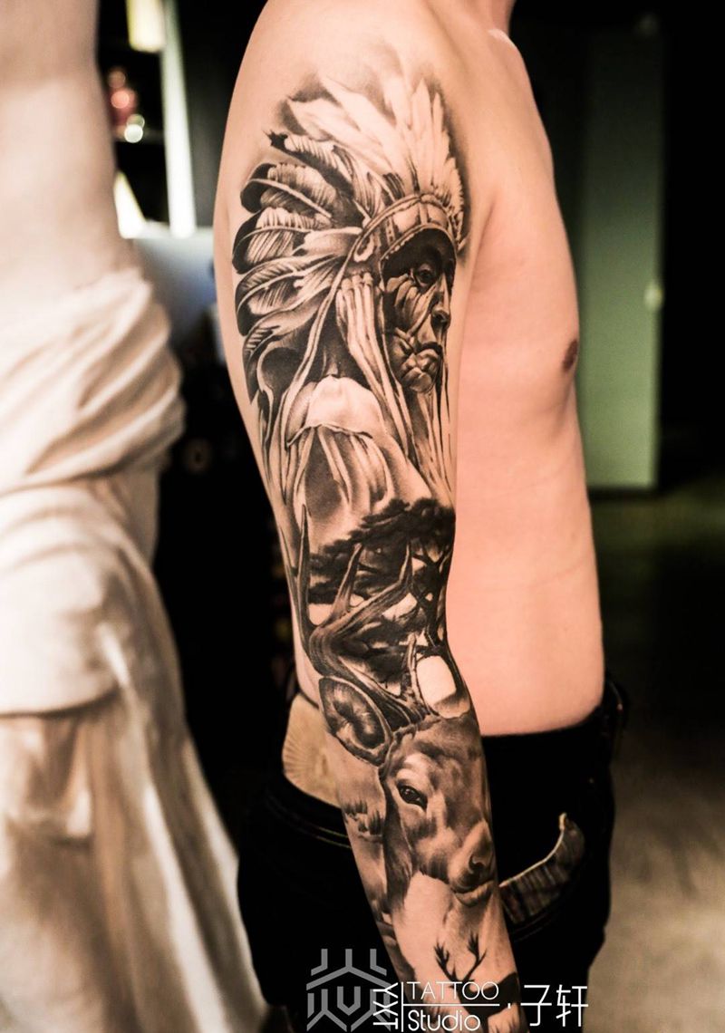 印第安人的信仰……纹身图片_习俗传统欧美写实人物动物手臂手部花臂学纹身图案