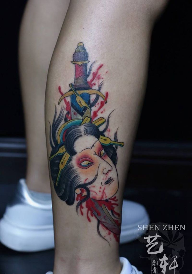 日式传统纹身图片_成品脚部传统鬼神纹身图案