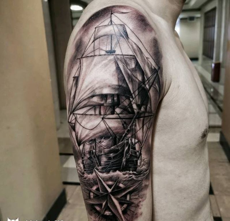 帆船纹身图片_手臂欧美写实纹身图案