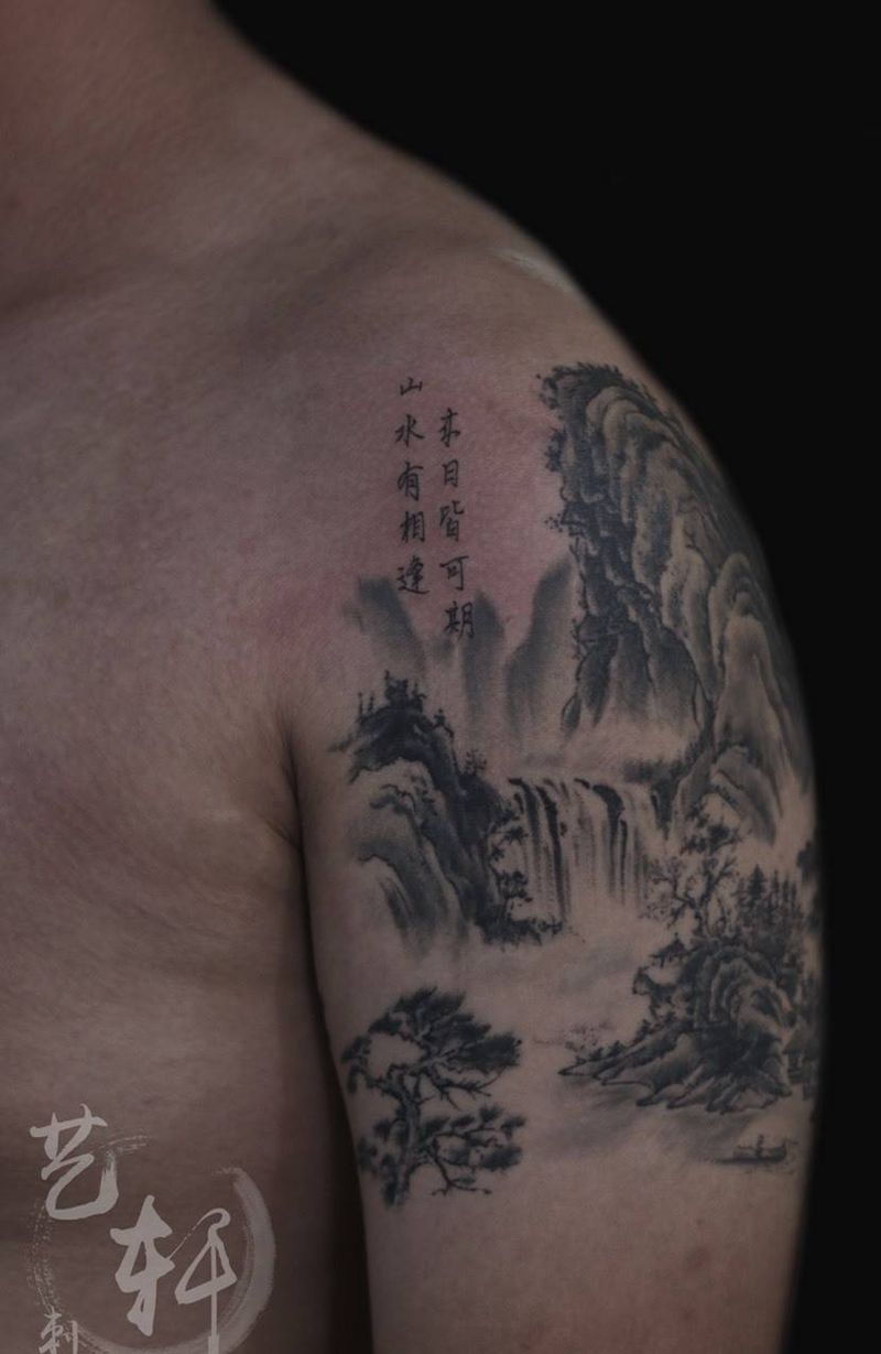 山水纹身图片_成品手部手臂传统国画静物纹身图案