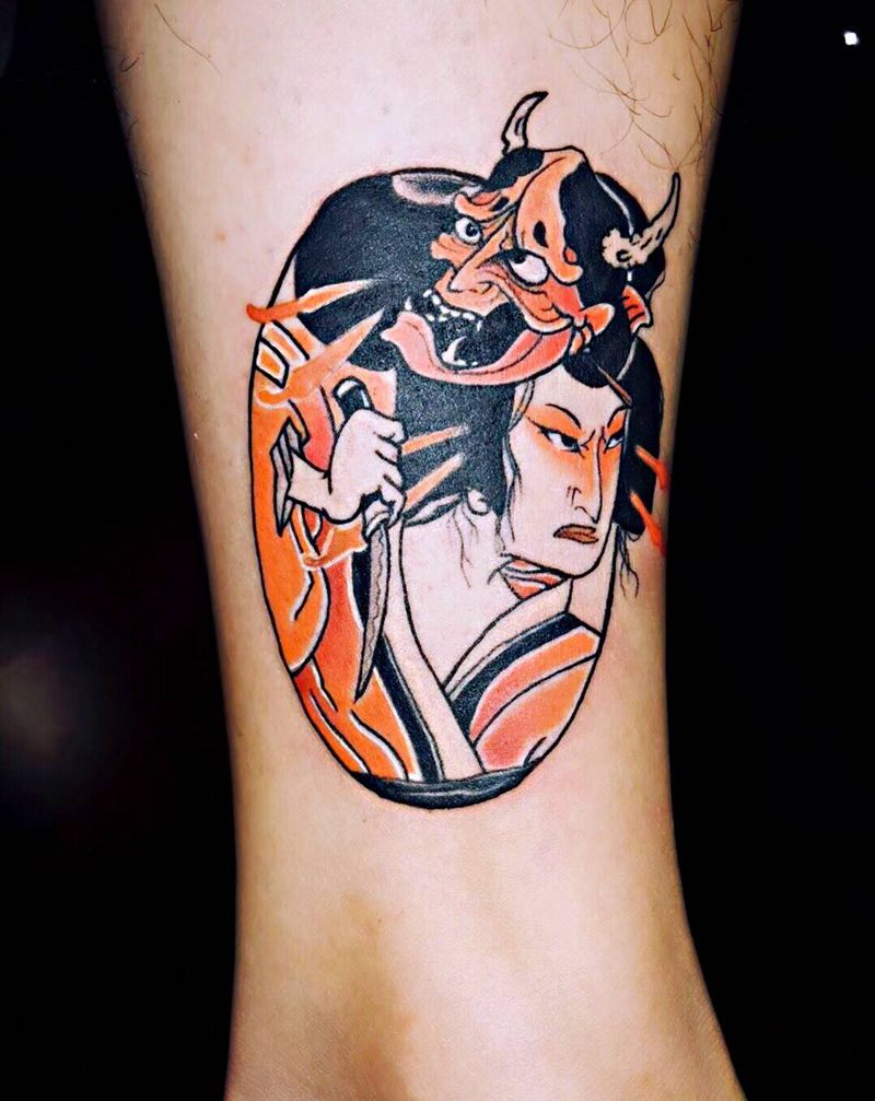 自虐纹身图片_腿部New School水彩艺妓纹身图案