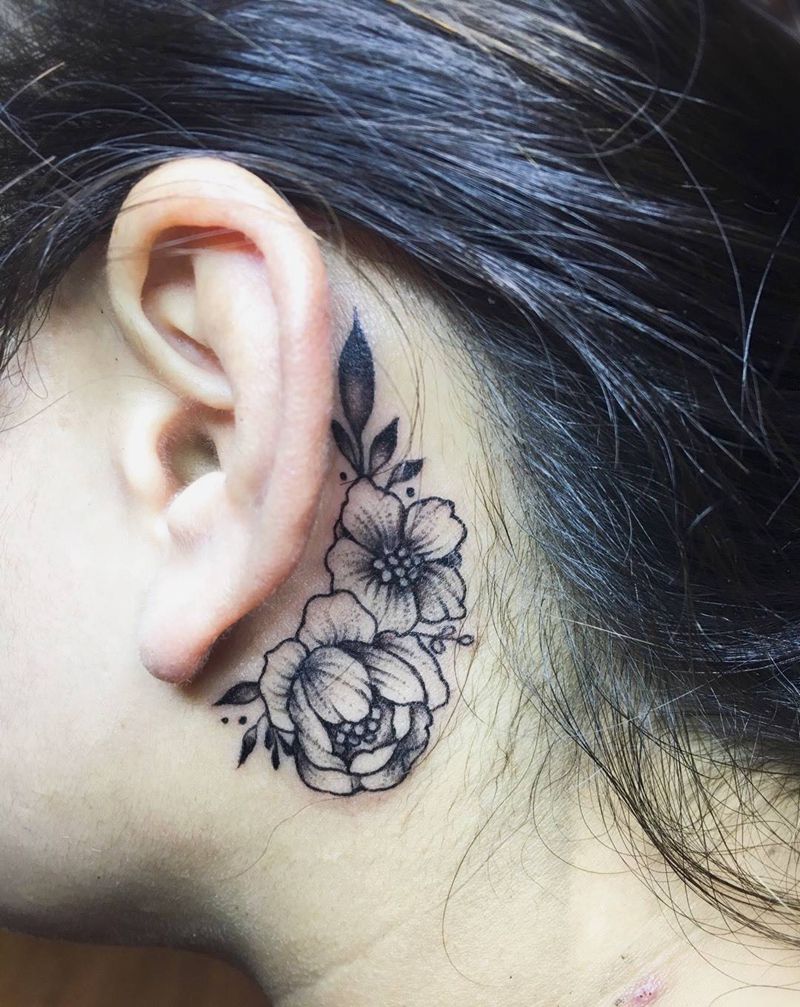 耳后纹身图片_成品颈部欧美清新植物纹身图案