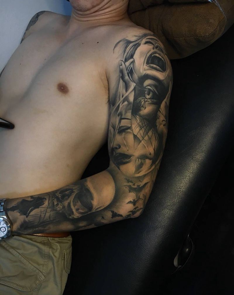 欧美花臂纹身图片_成品手臂欧美人物纹身图案