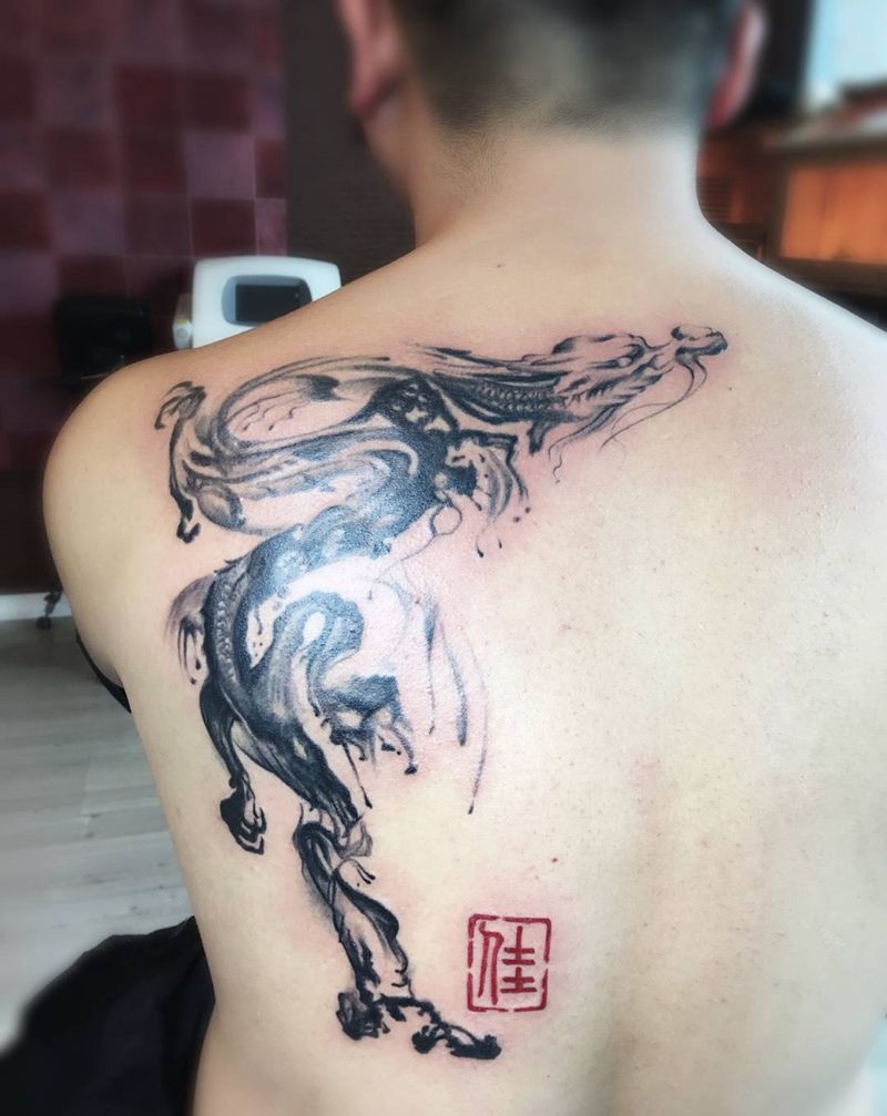 水墨龙纹身图片_成品背部传统习俗国画鬼神动物纹身图案