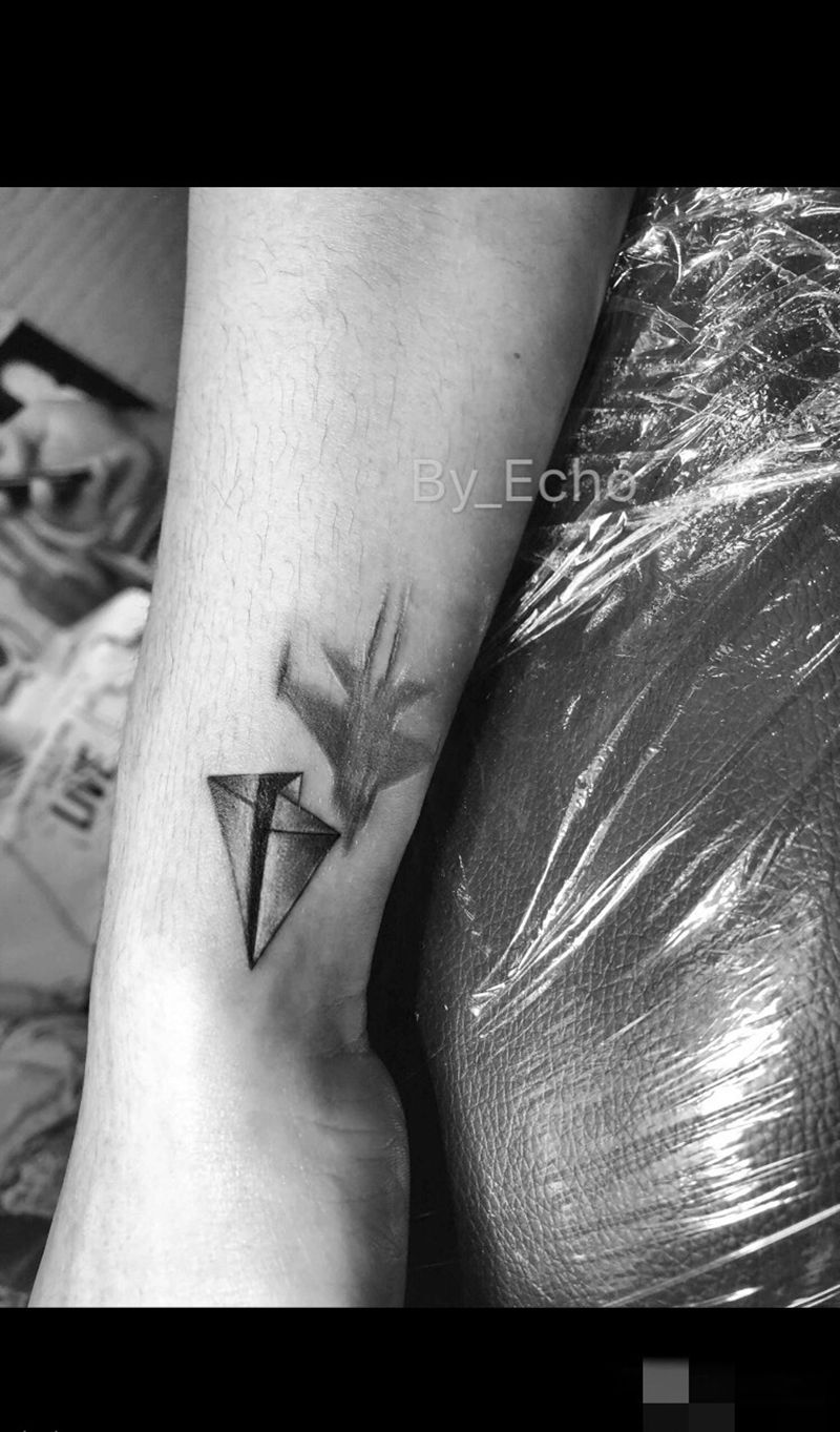 飞机纹身图片_清新写实欧美手臂手部成品原创几何静物纹身图案