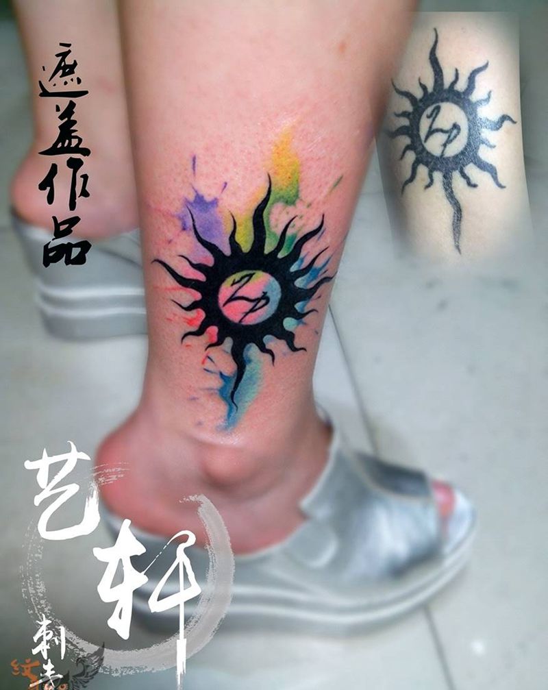 水彩修改纹身图片_欧美脚部图腾水彩纹身图案