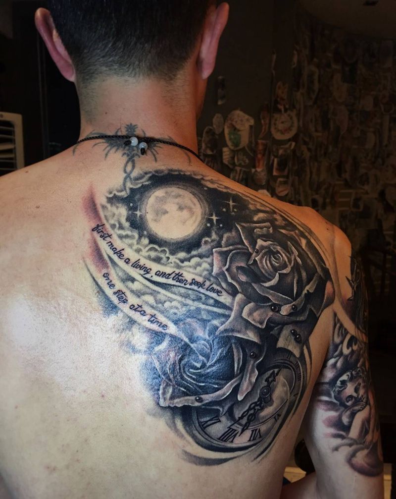 月夜玫瑰（遮盖）纹身图片_成品背部欧美写实植物字符静物纹身图案