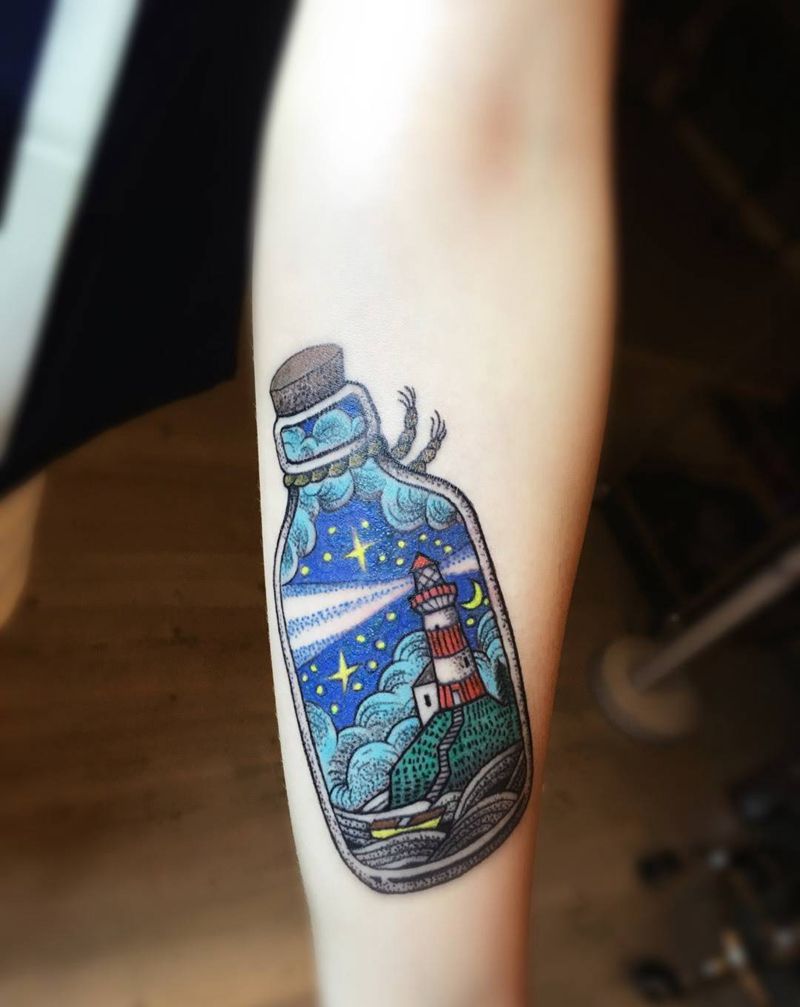 瓶中世界纹身图片_成品手臂清新几何图腾静物纹身图案