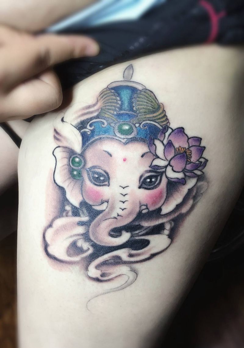 小象神纹身图片_成品腿部传统清新鬼神宗教纹身图案