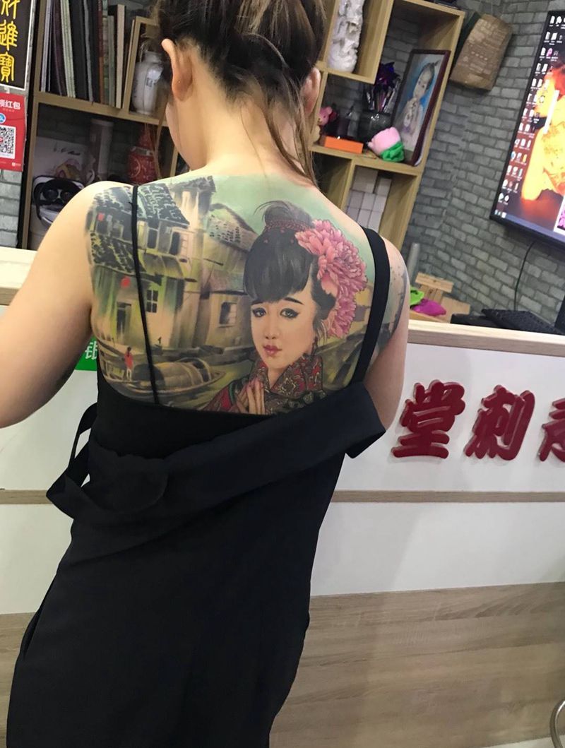 背影纹身图片_背部成品传统国画人物原创纹身图案