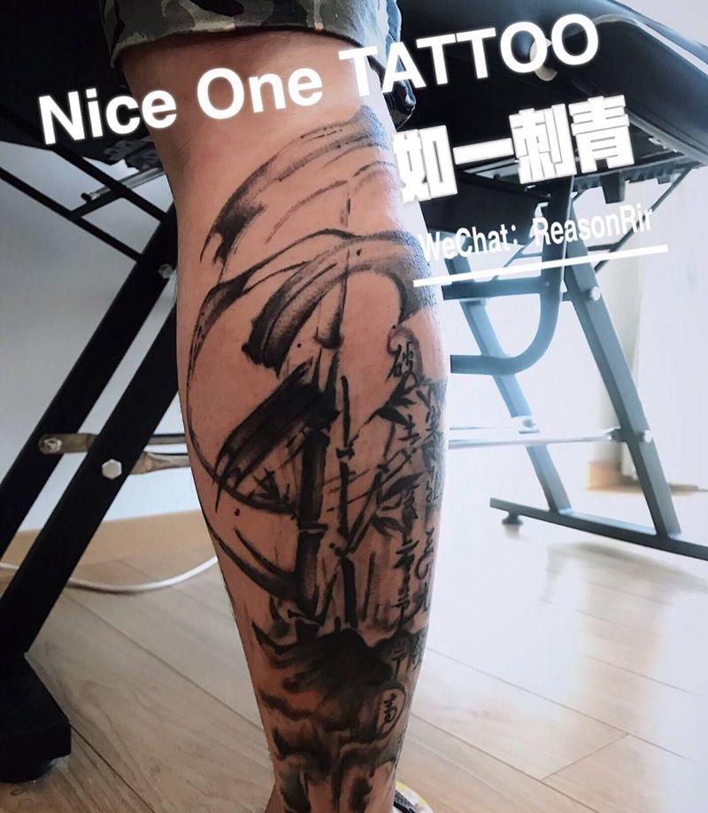 修改纹身纹身图片_腿部新传统水墨纹身图案