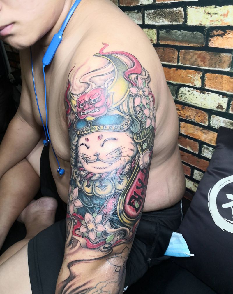 招财猫纹身图片_手臂新传统纹身图案