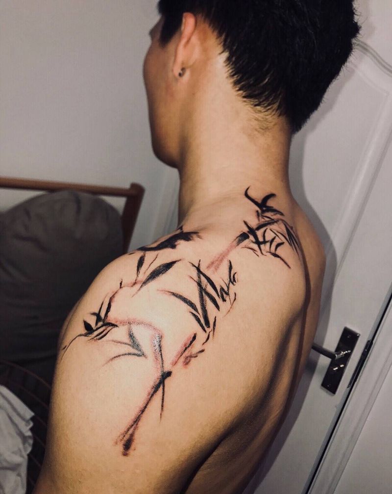 墨竹纹身图片_成品肩部传统国画植物原创纹身图案