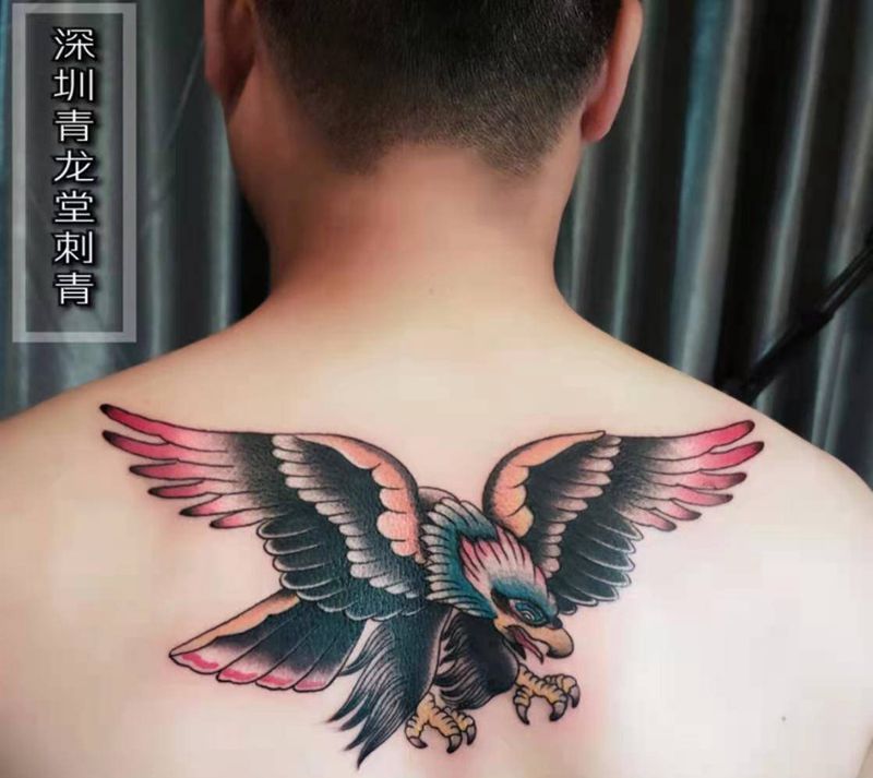 鹰纹身图片_背部Old School纹身图案