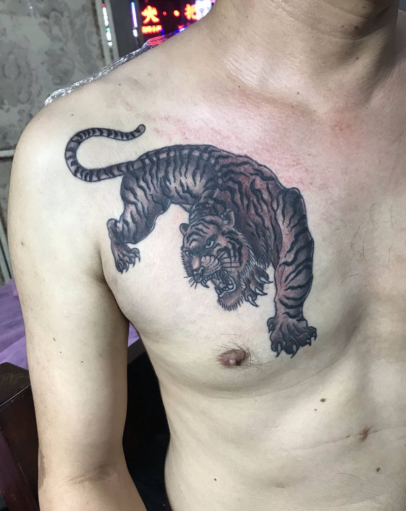 男士胸前老虎纹身图片_胸部老传统纹身图案