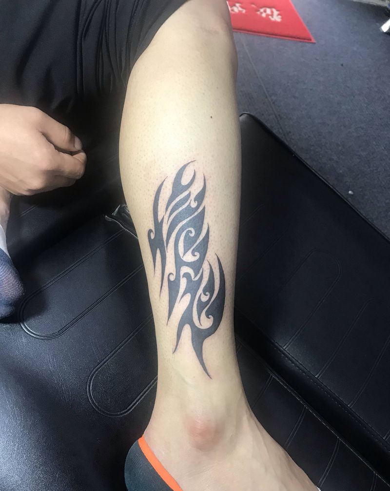 文字图腾纹身图片_腿部新传统纹身图案