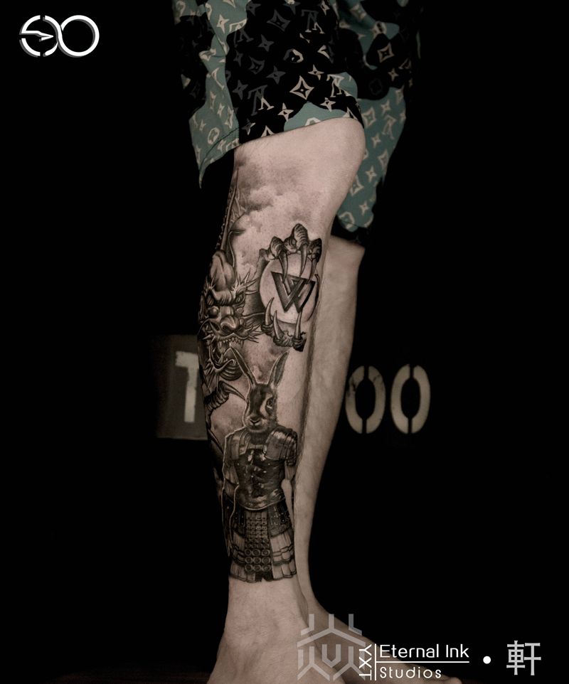 家纹身图片_脚部腿部欧美写实新传统龙兔马纹身图案