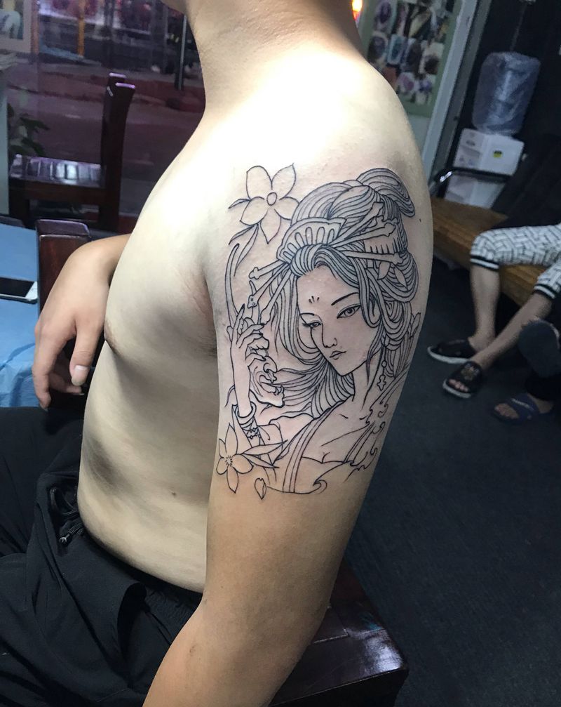 艺妓……线条纹身图片_手臂纹身图案