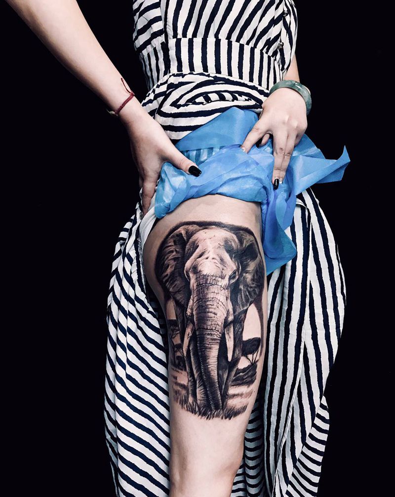 写实大象纹身图片_腿部欧美写实大象纹身图案