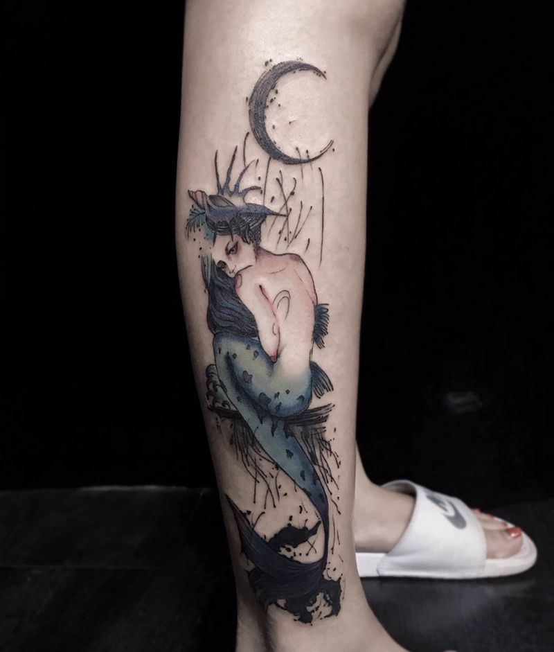 人鱼遮盖纹身图片_腿部水墨人鱼纹身图案