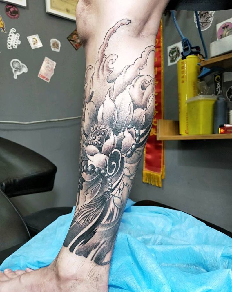 花腿莲花纹身图片_腿部纹身图案