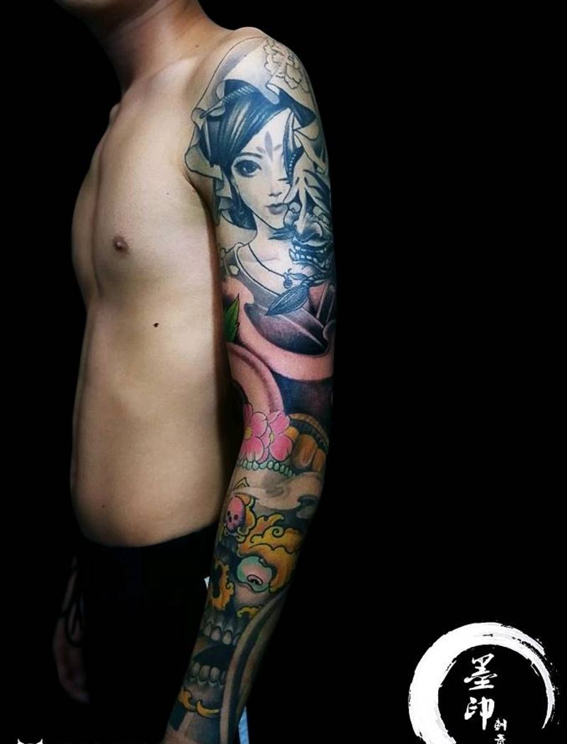 艺妓花臂纹身图片_手臂手部新传统艺妓嘎巴拉艺妓花臂纹身图案