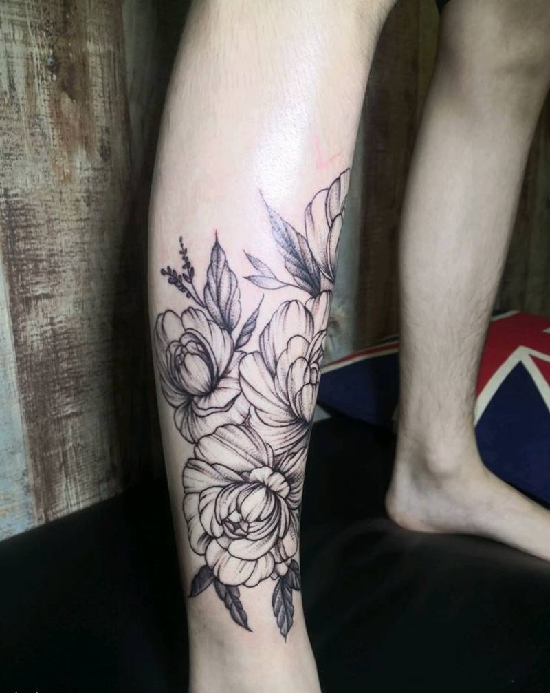 素花纹身图片_腿部点刺纹身图案