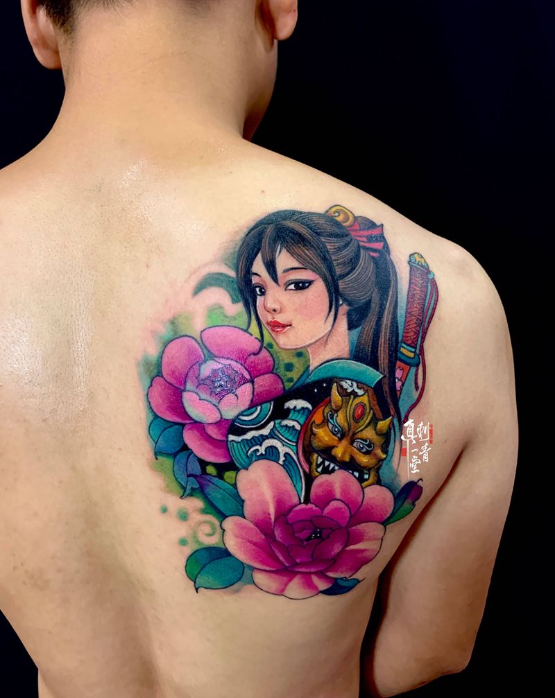艺伎纹身图片_肩部新传统纹身图案
