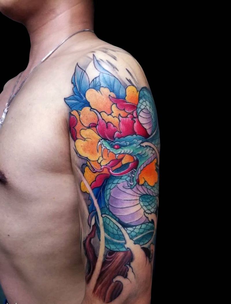 蛇 恢复后纹身图片_肩部手臂新传统蛇洗牡丹牡丹蛇纹身图案