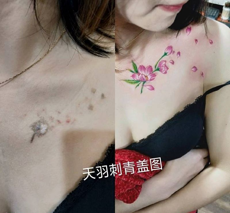 遮盖旧图纹身图片_胸部新传统纹身图案