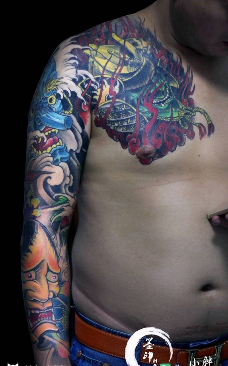 修改圖，花臂纹身图片_手臂手部新传统般若天狗武士纹身图案