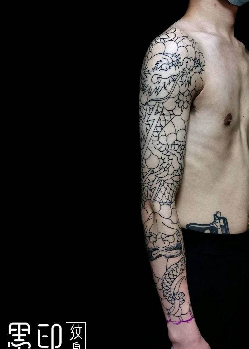 日式花臂 线条纹身图片_手臂手部老传统日式花臂老传统花臂纹身图案