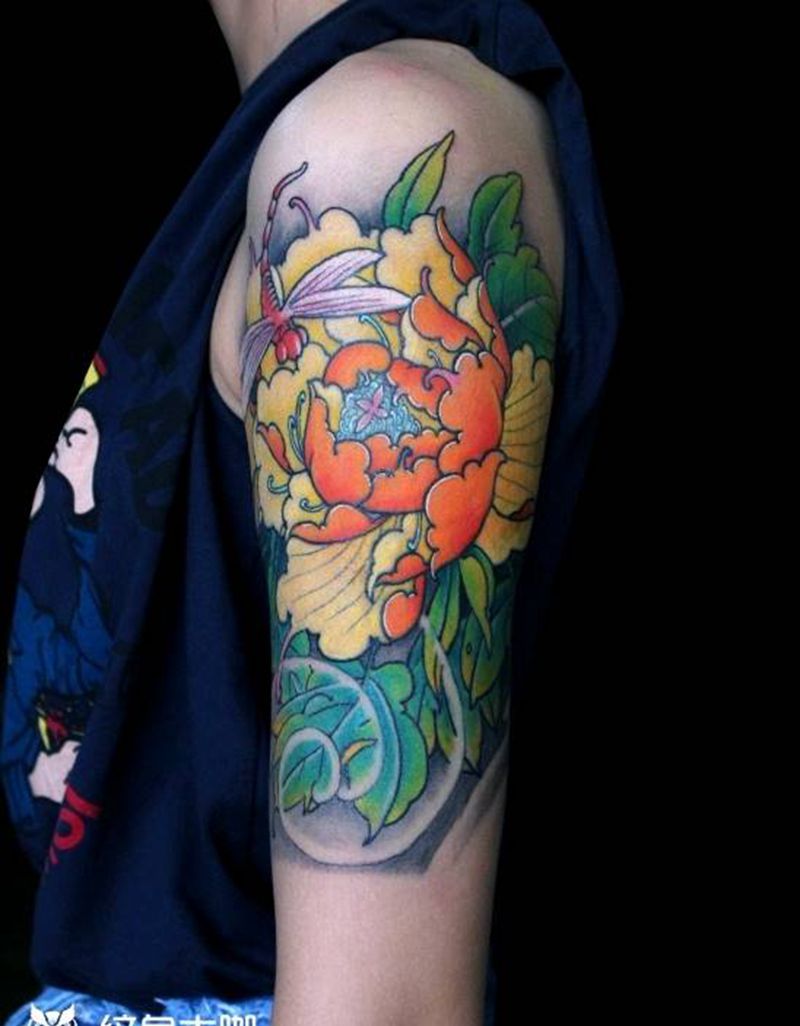 牡丹 恢复后纹身图片_肩部手臂新传统牡丹传统牡丹纹身图案