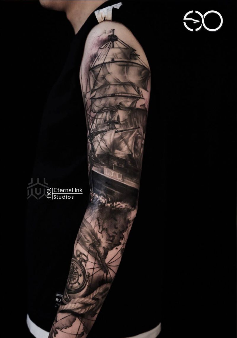 远行纹身图片_手臂欧美写实航海纹身图案