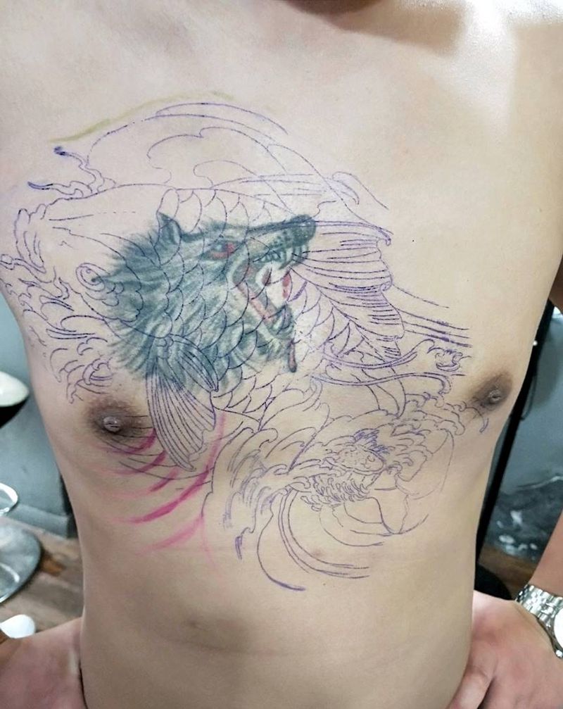 遮盖狼头纹身图片_胸部纹身图案