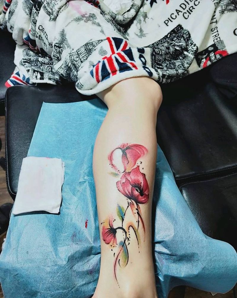 水彩花纹身图片_腿部水彩纹身图案