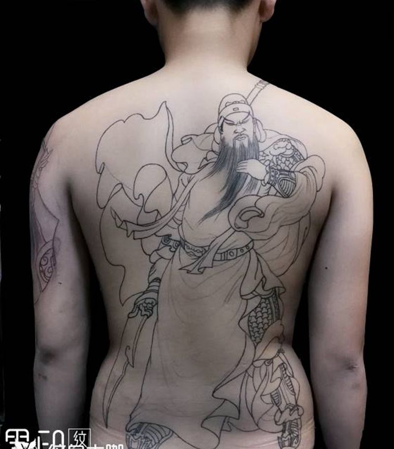 关公 线条纹身图片_背部肩部新传统老传统满背线条关公满背关公纹身图案