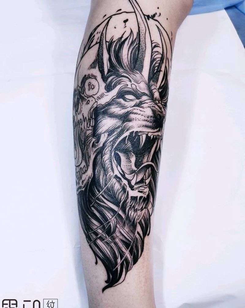 狼纹身图片_肩部腿部水墨New School狼黑暗系纹身图案